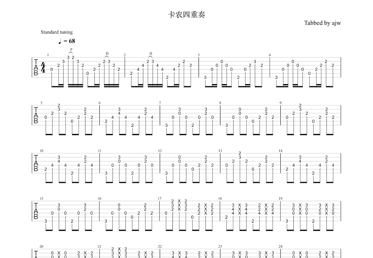 卡农吉他谱预览图