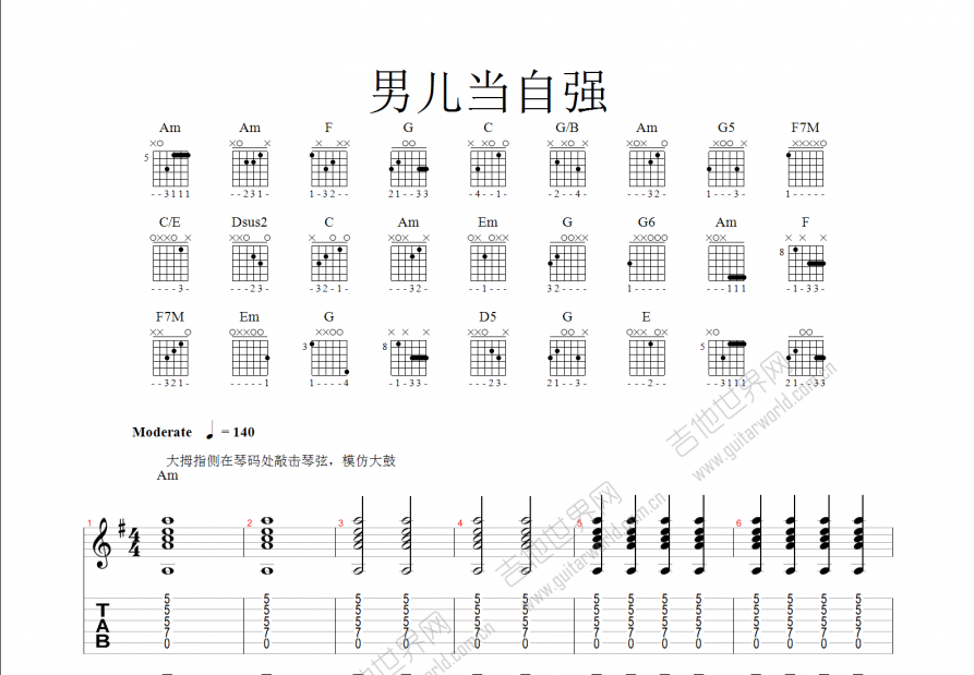 男儿当自强吉他谱预览图