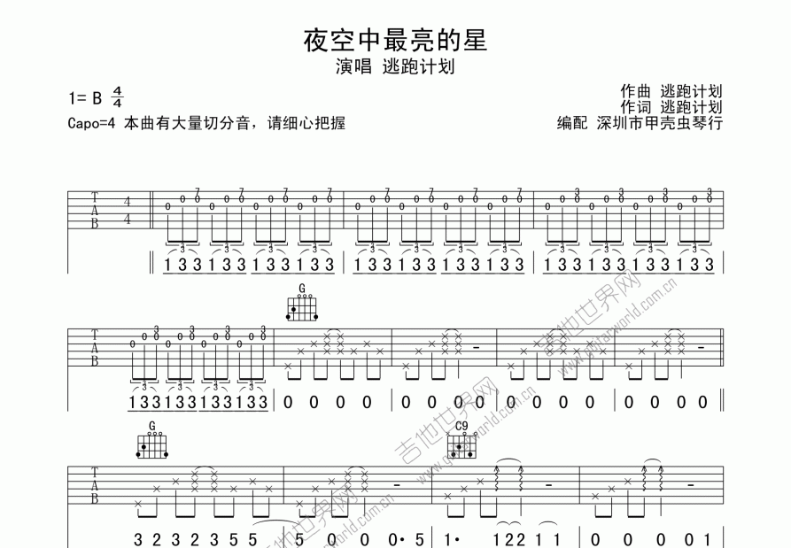 夜空中最亮的星吉他谱预览图