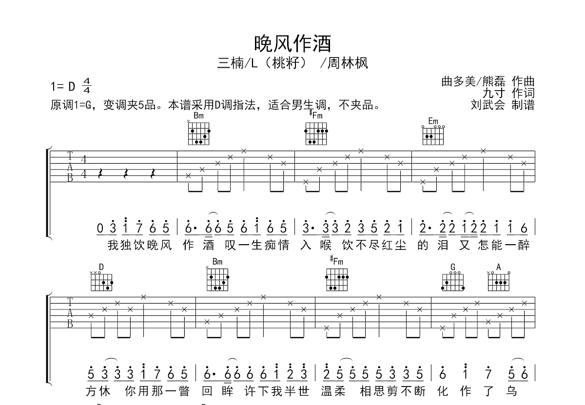 晚风作酒吉他谱预览图