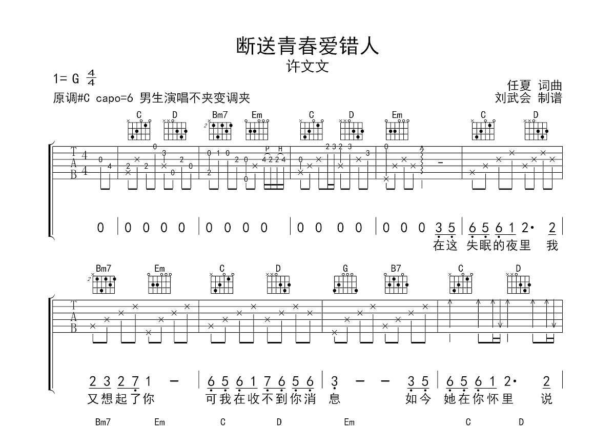 断送青春爱错人吉他谱预览图