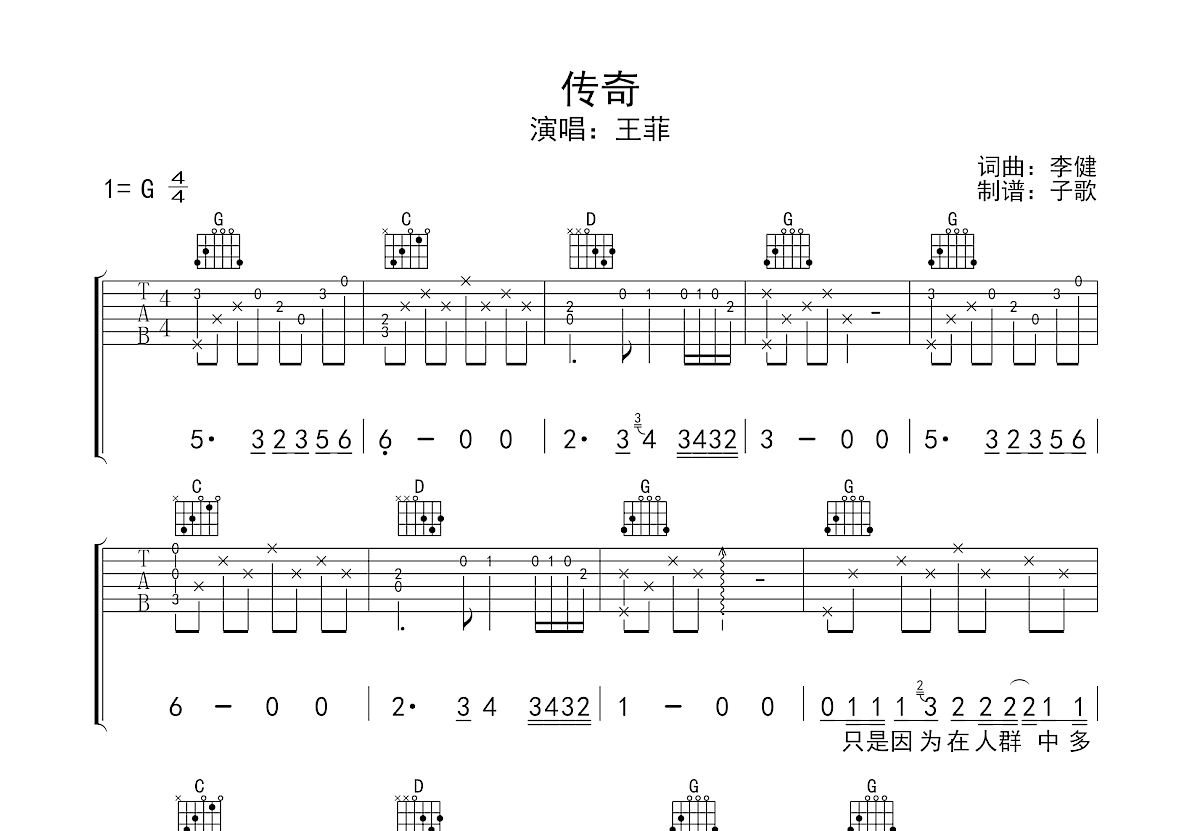 传奇吉他谱预览图