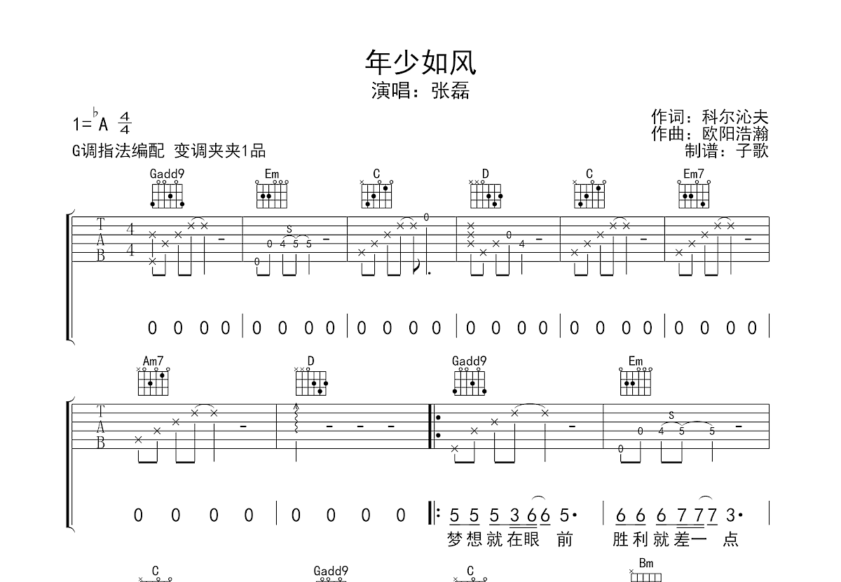 年少如风吉他谱预览图