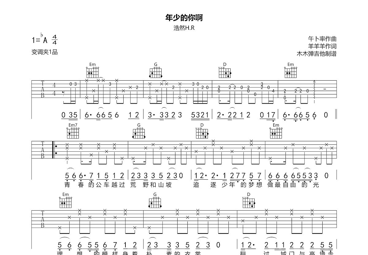 年少的你啊吉他谱预览图