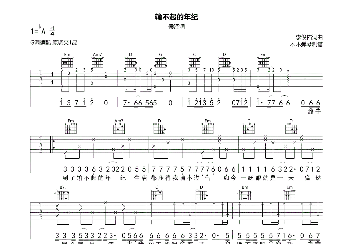 输不起的年纪吉他谱预览图