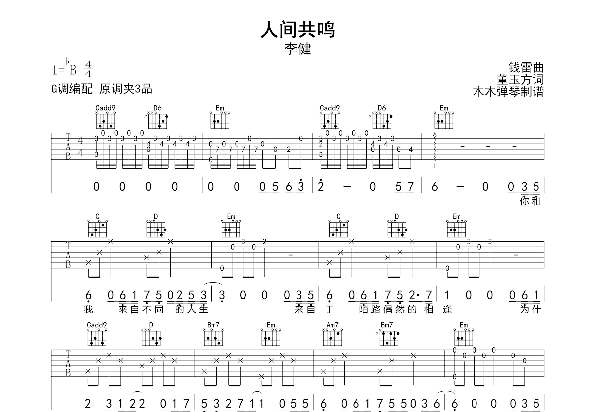 人间共鸣吉他谱预览图