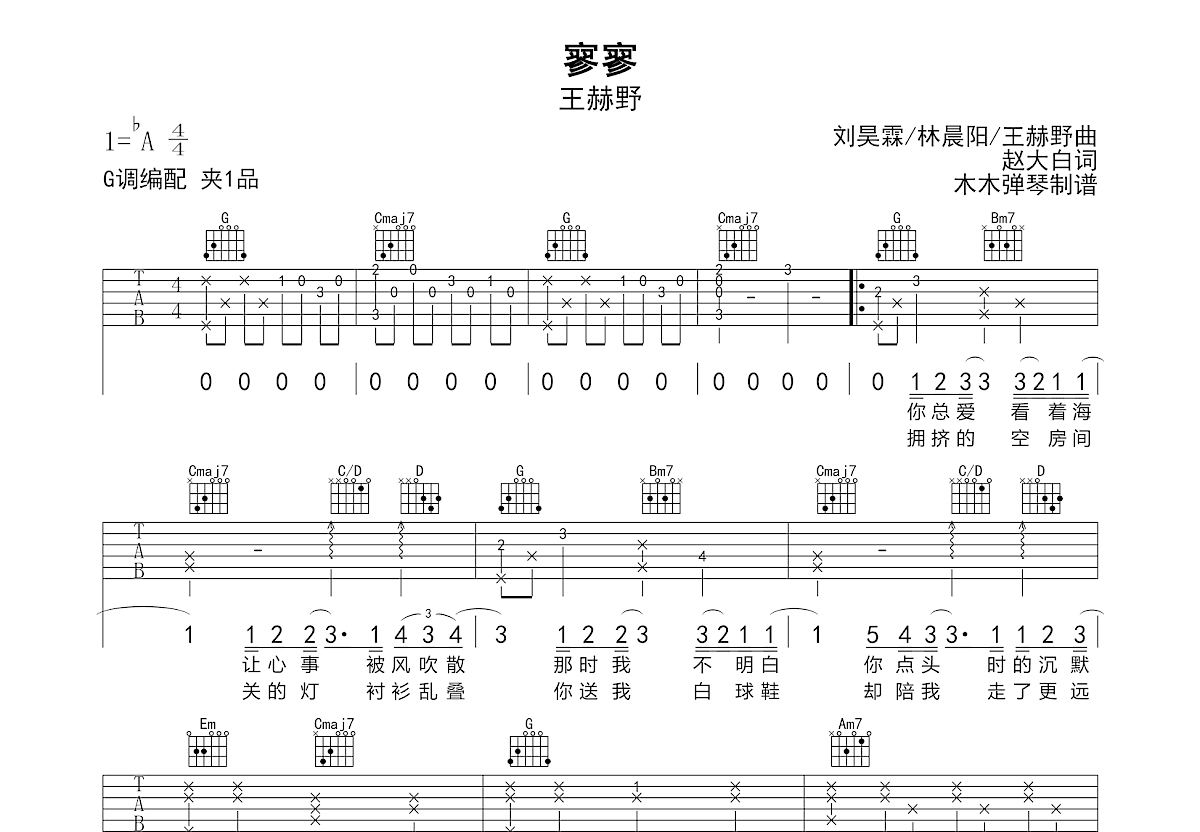 寥寥吉他谱_王赫野_G调弹唱