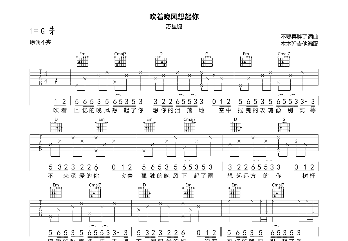 吹着晚风想起你吉他谱预览图