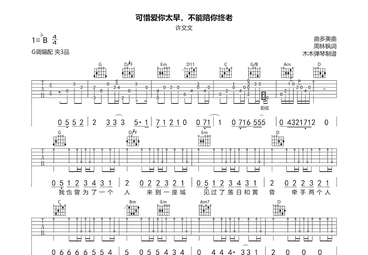 可惜爱你太早，不能陪你终老吉他谱预览图