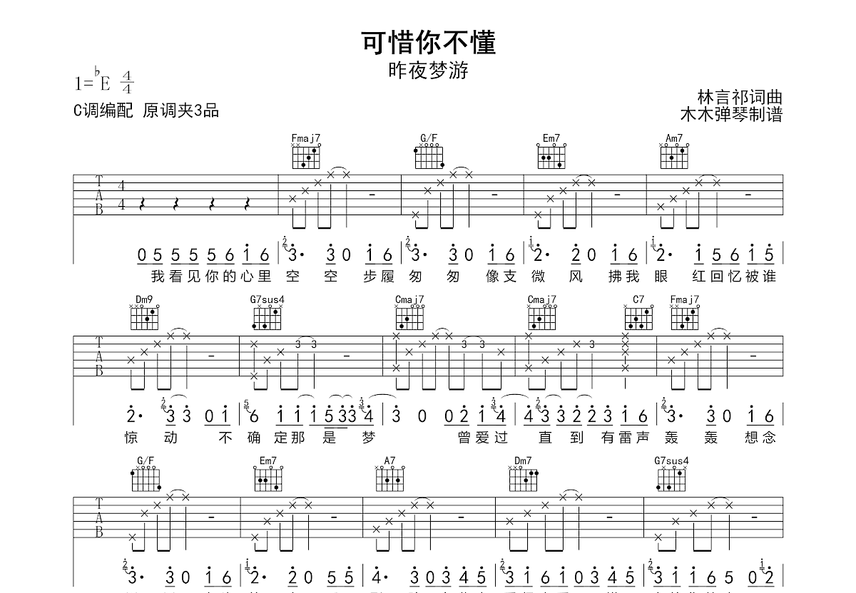 可惜你不懂吉他谱_昨夜梦游_C调弹唱