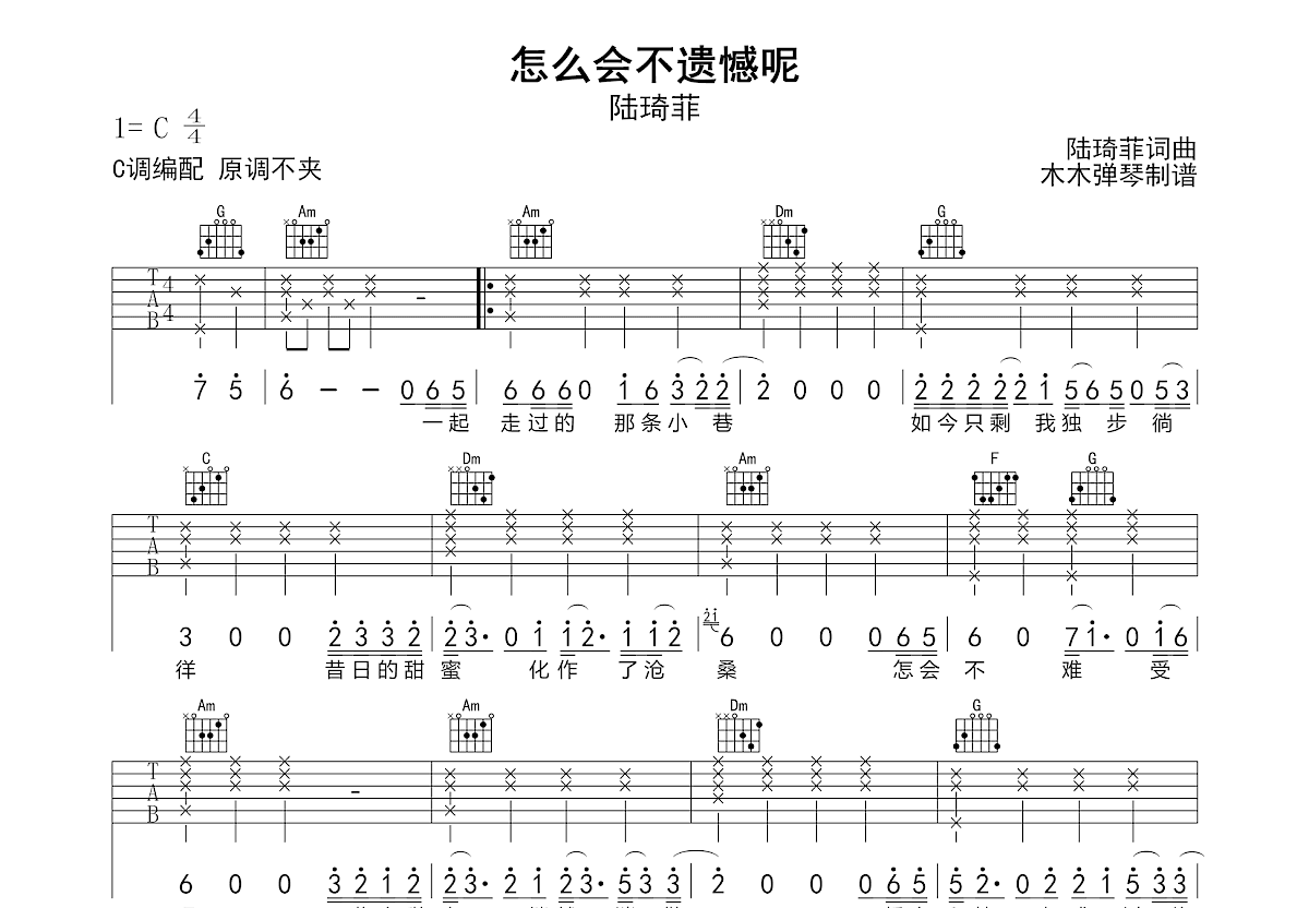 怎么会不遗憾呢吉他谱预览图