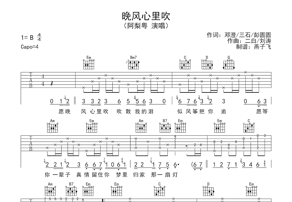 晚风心里吹吉他谱预览图