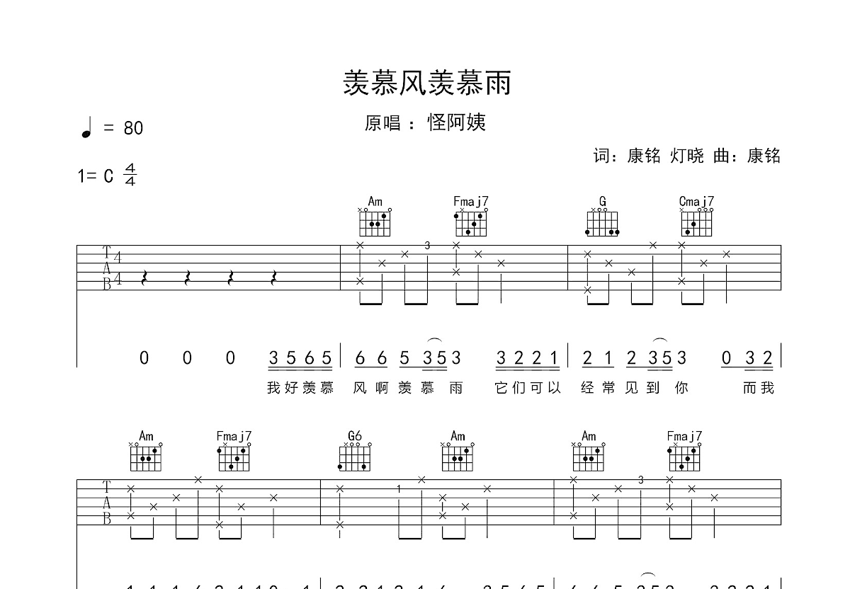 羡慕风羡慕雨吉他谱预览图