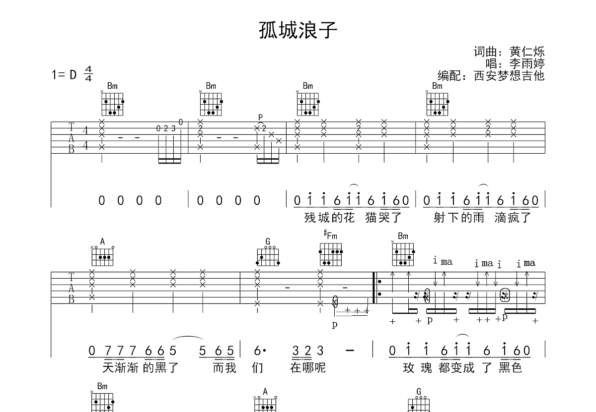 孤城浪子吉他谱预览图