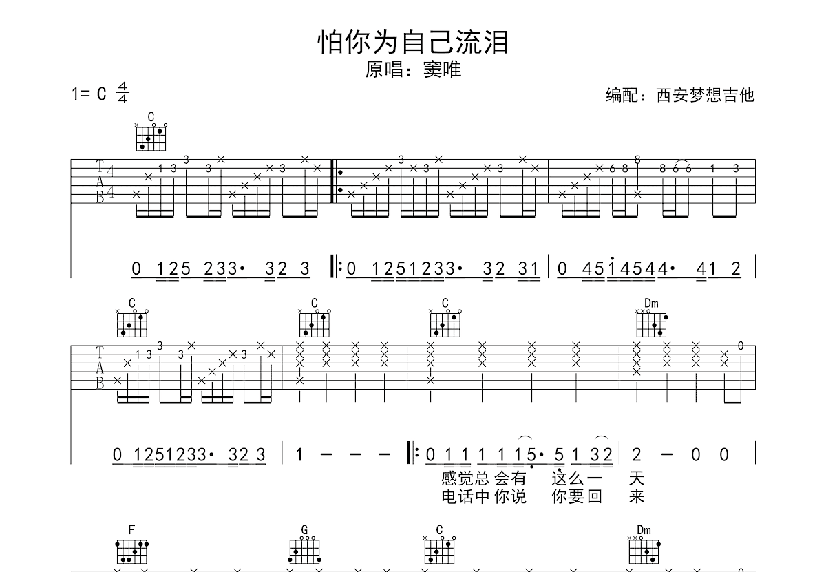 怕你为自己流泪吉他谱预览图