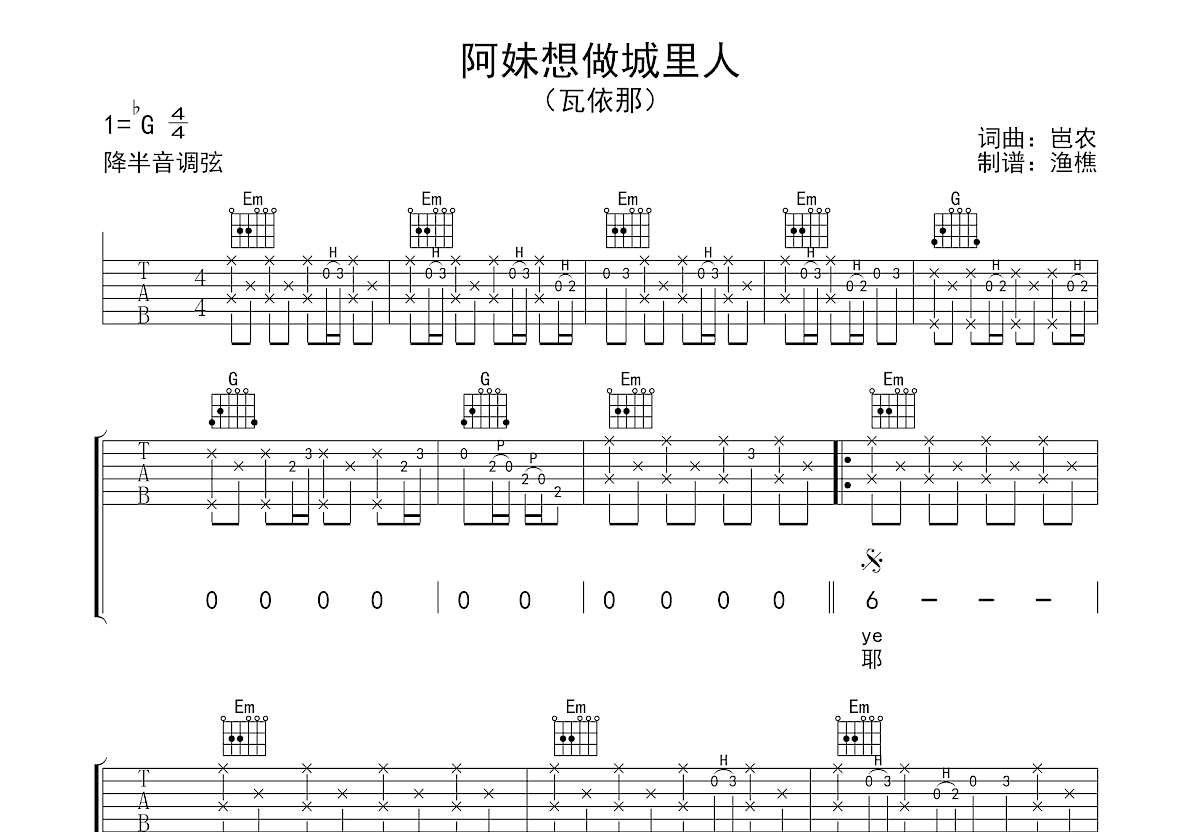 阿妹想做城里人吉他谱预览图