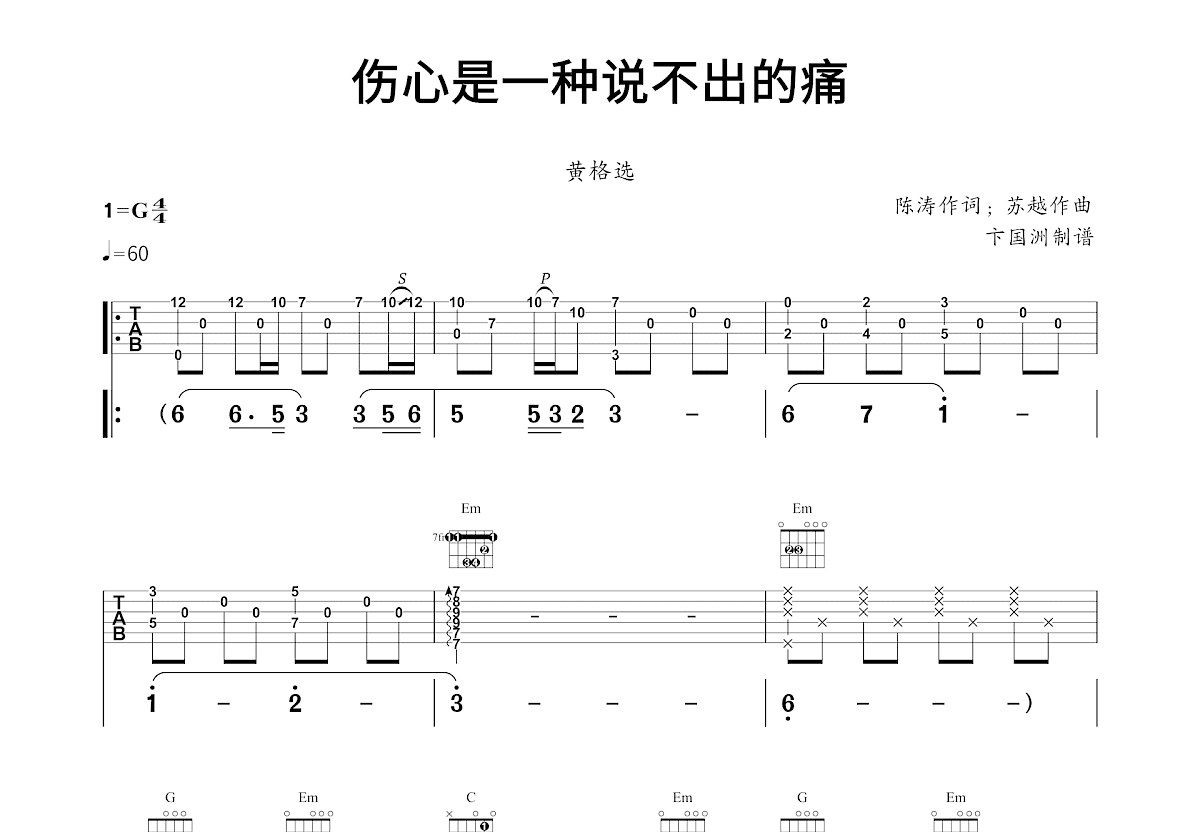 伤心是一种说不出的痛吉他谱预览图