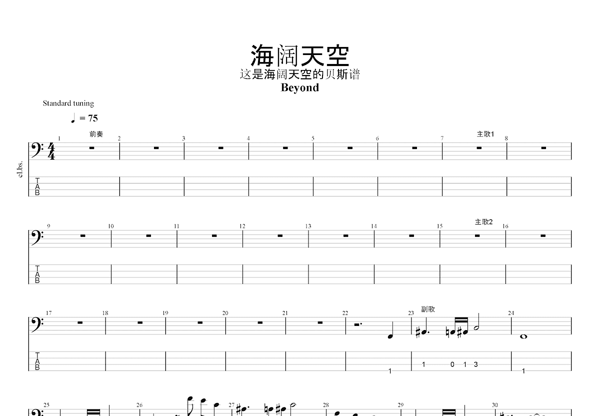 海阔天空吉他谱预览图