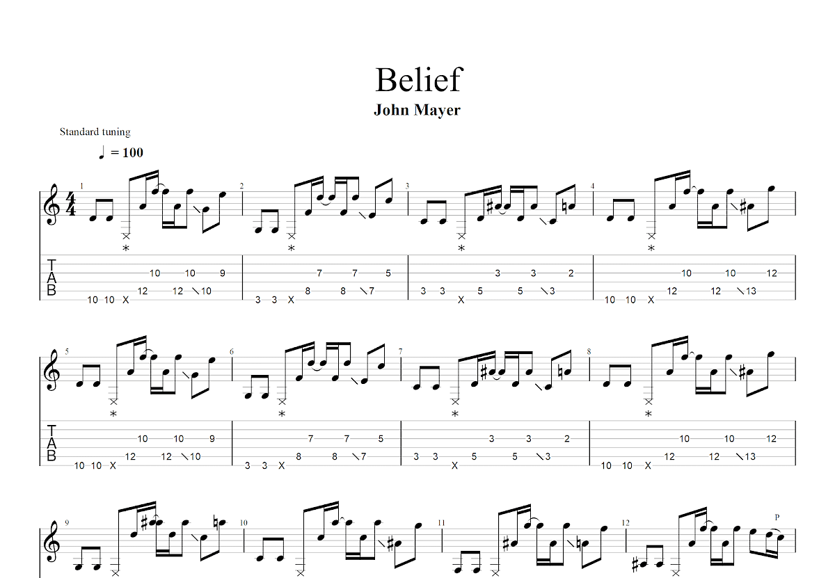 belief吉他谱_John Mayer_F调Solo片段
