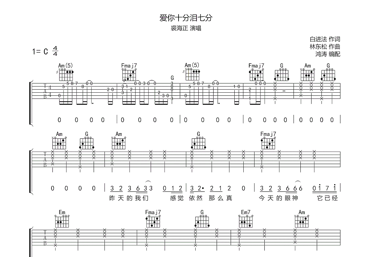 爱你十分泪七分吉他谱预览图