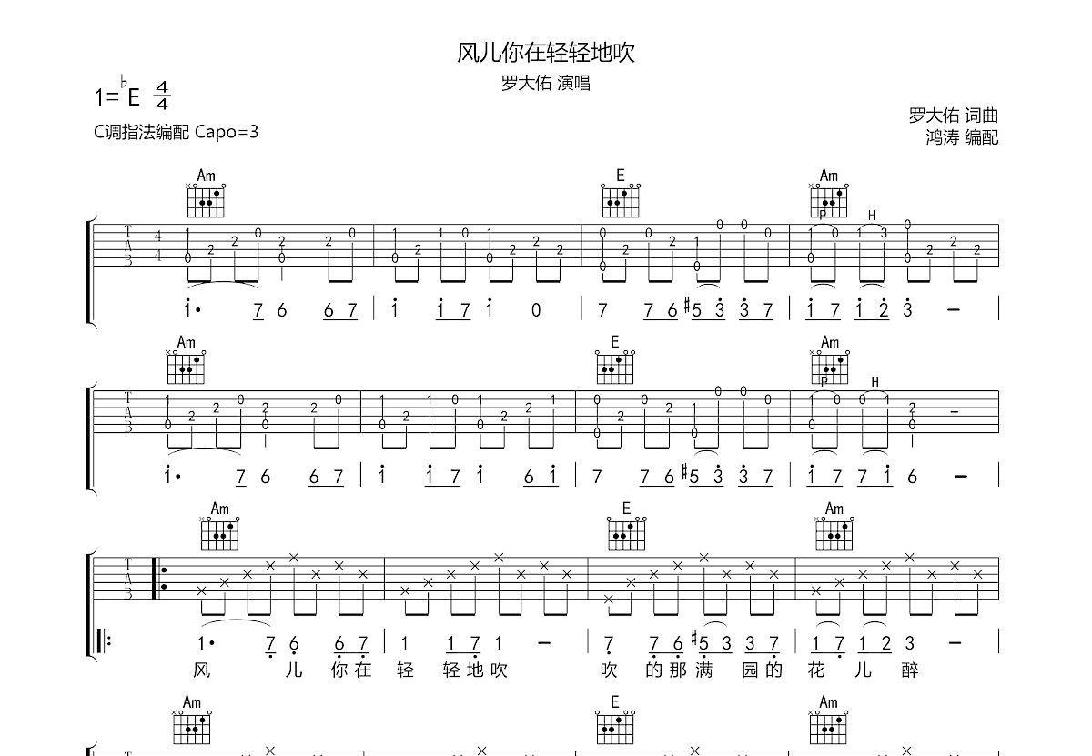 风儿你在轻轻地吹吉他谱预览图