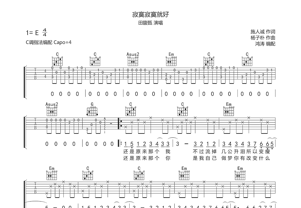 寂寞寂寞就好吉他谱预览图