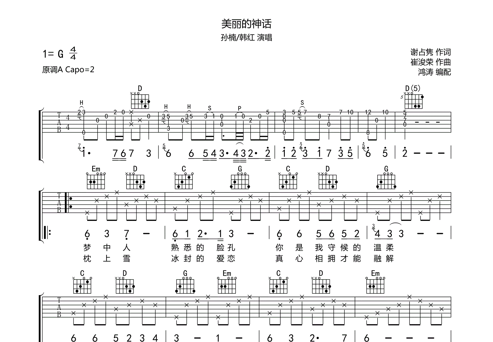 美丽的神话吉他谱预览图