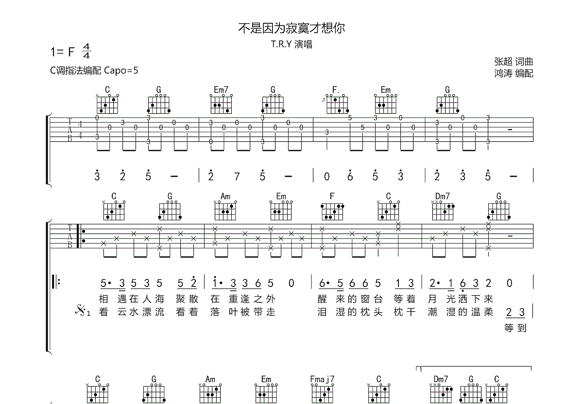 不是因为寂寞才想你吉他谱预览图