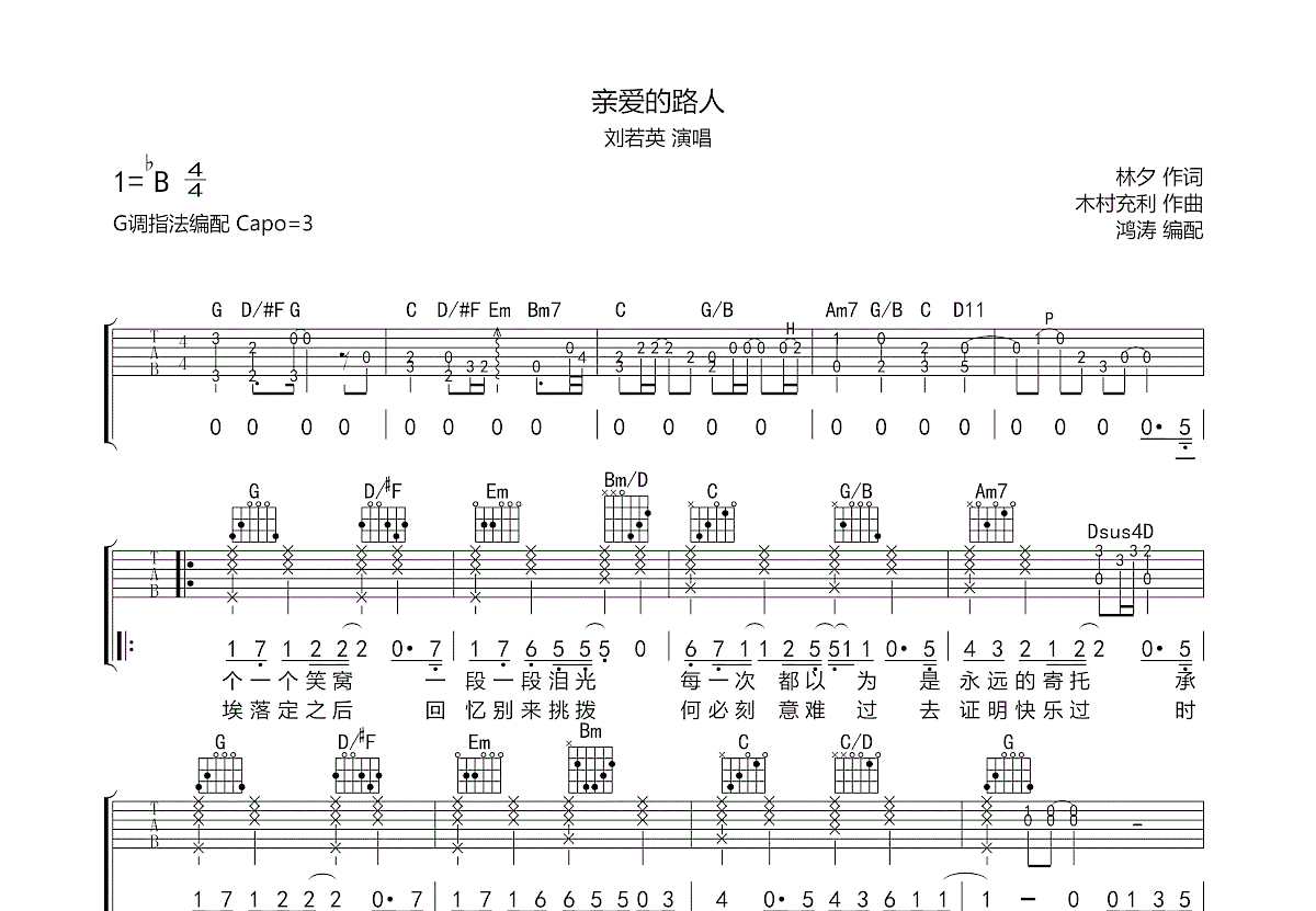 亲爱的路人吉他谱预览图