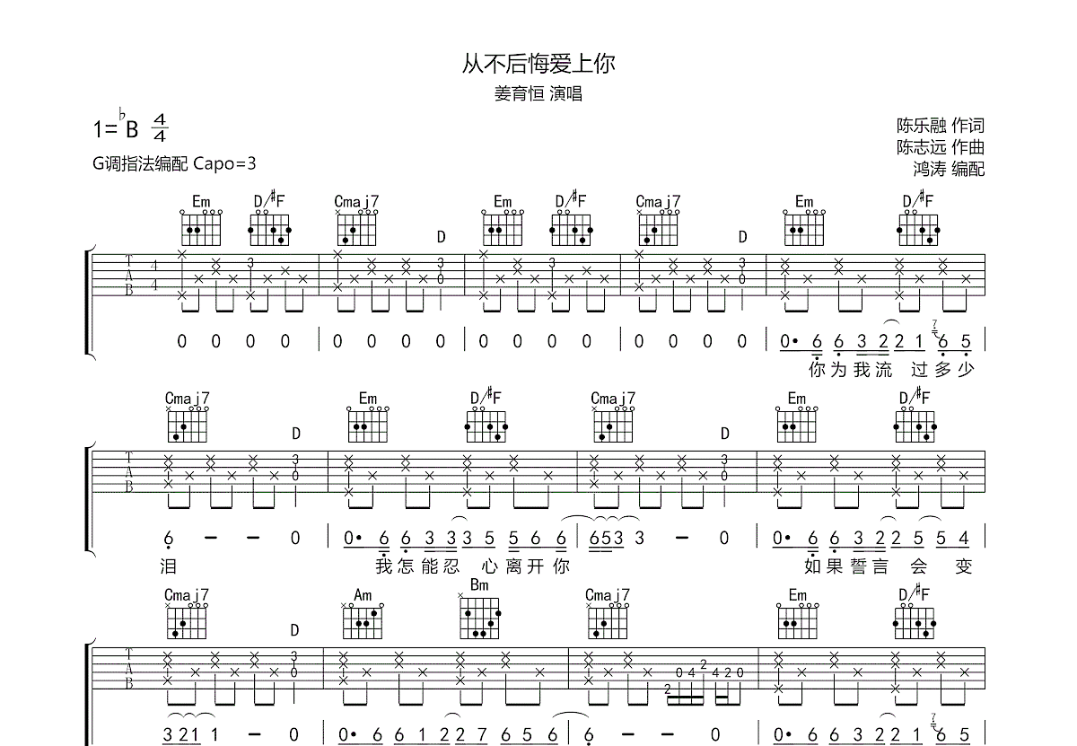 从不后悔爱上你吉他谱预览图