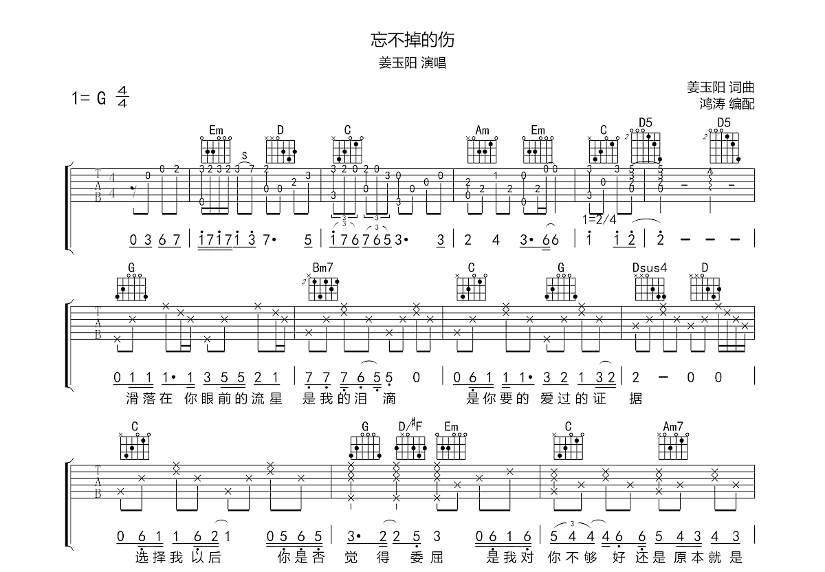 忘不掉的伤吉他谱预览图