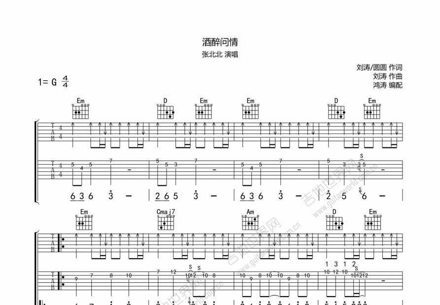 酒醉问情吉他谱预览图