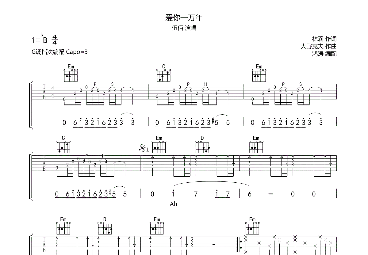 爱你一万年吉他谱预览图