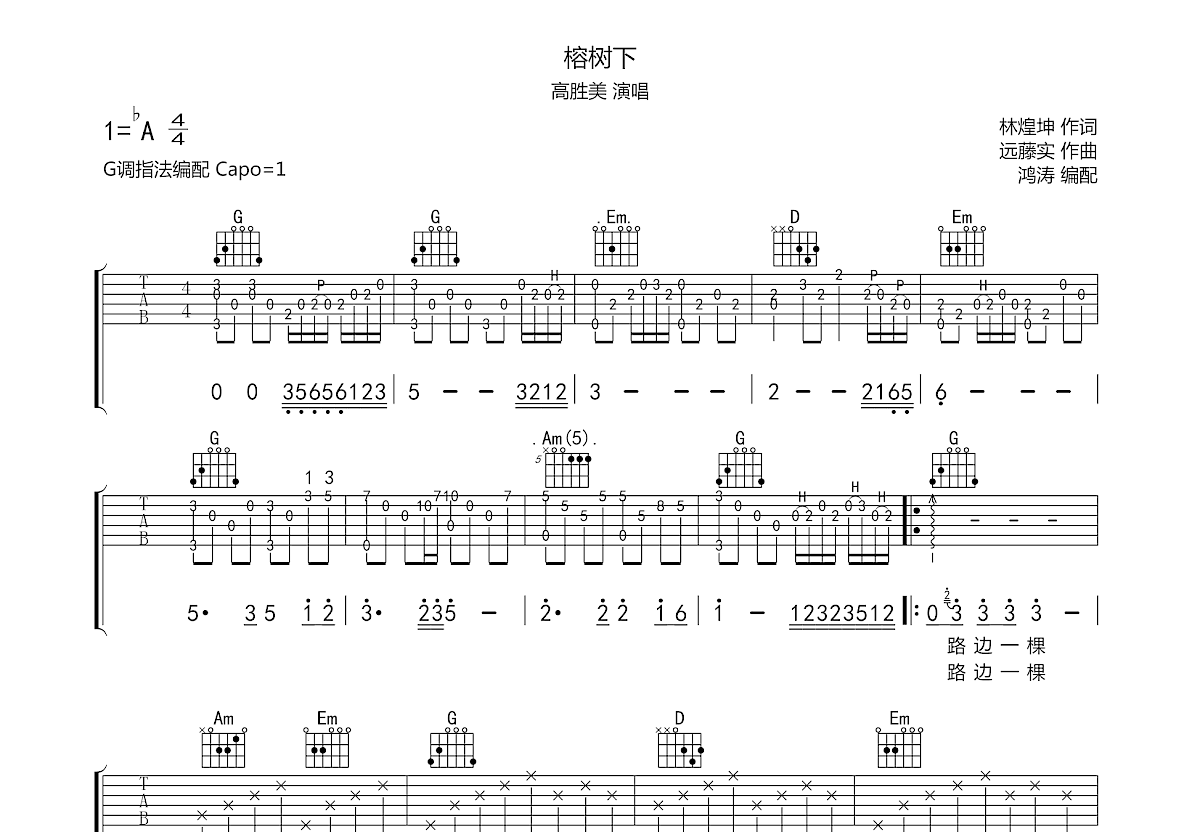榕树下吉他谱预览图
