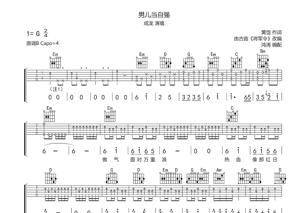 男儿当自强吉他谱预览图