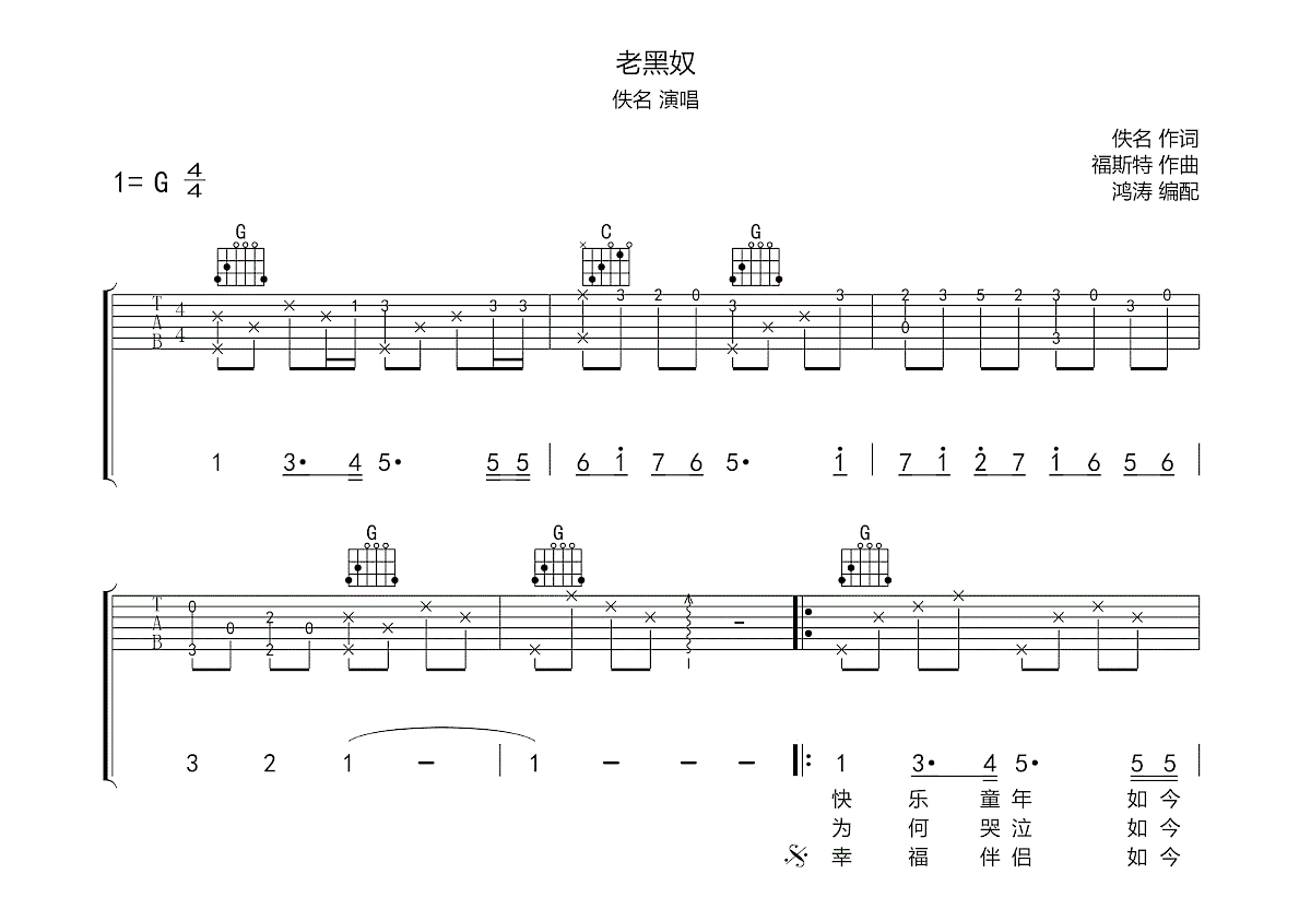 老黑奴吉他谱预览图