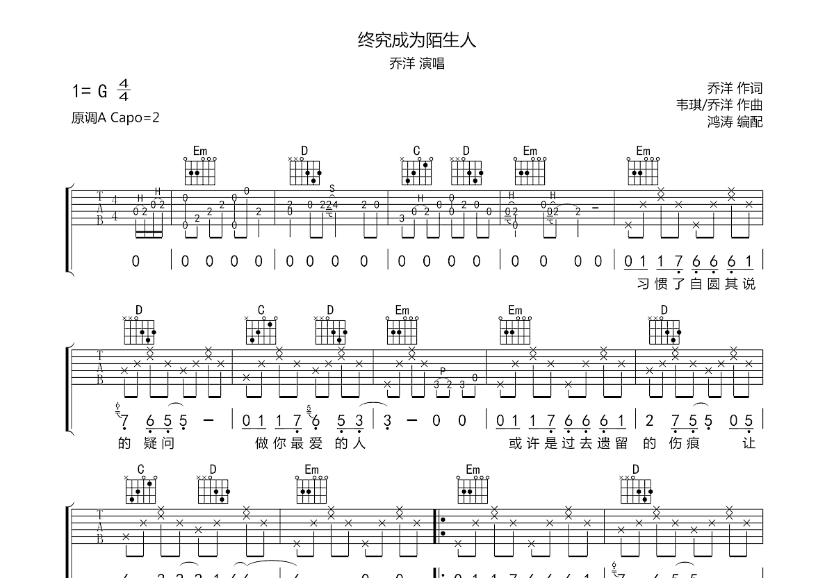 终究成为陌生人吉他谱预览图