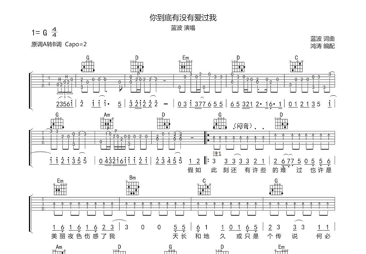 你到底有没有爱过我吉他谱预览图