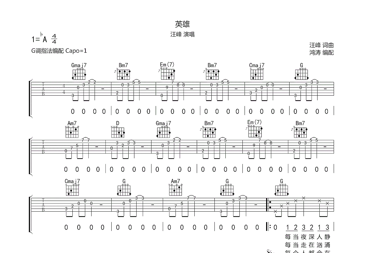 英雄吉他谱预览图