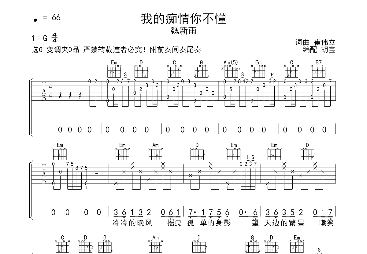 我的痴情你不懂吉他谱_魏新雨_G调弹唱
