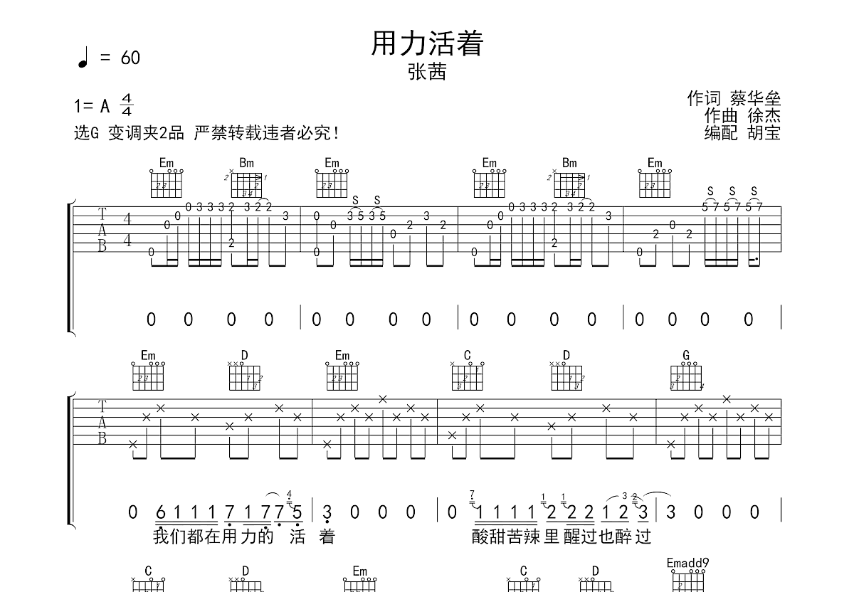 用力活着吉他谱 张茜 G调弹唱83 专辑版 吉他世界