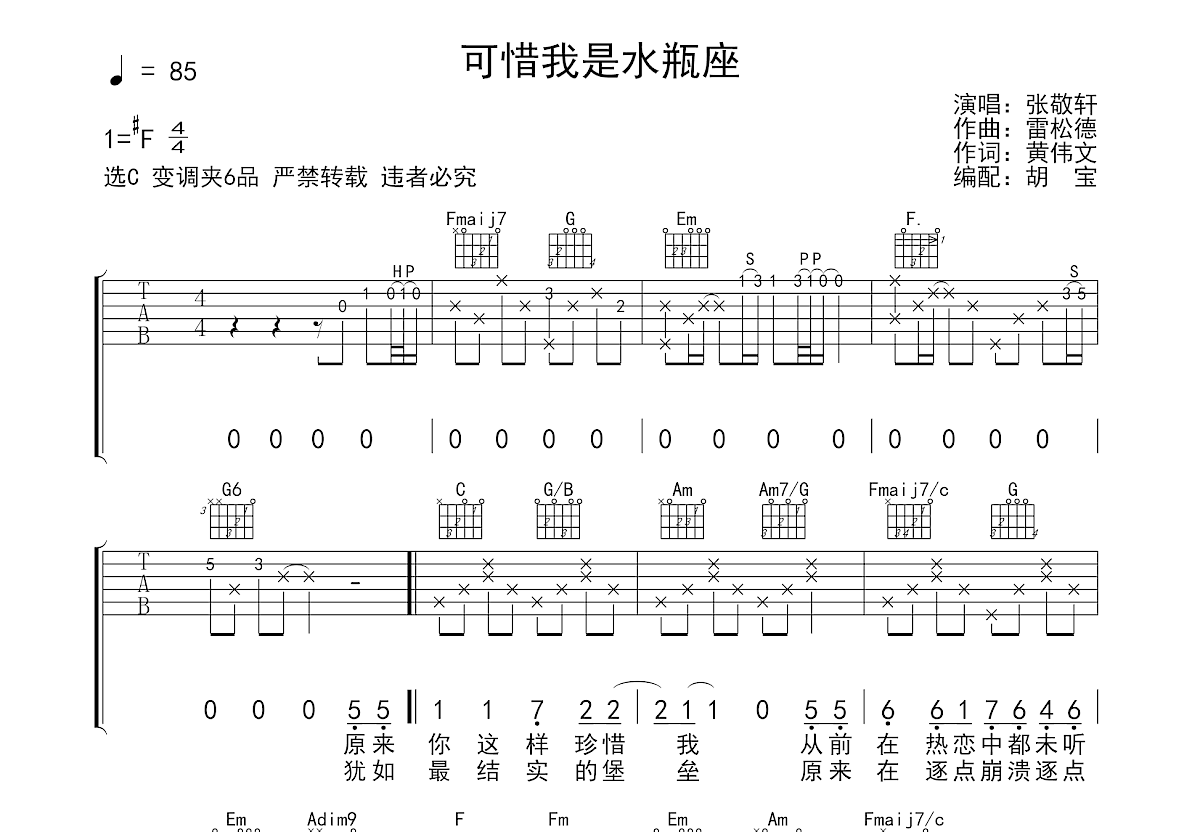 可惜我是水瓶座吉他谱预览图