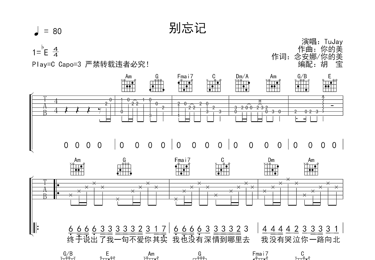 别忘记吉他谱预览图