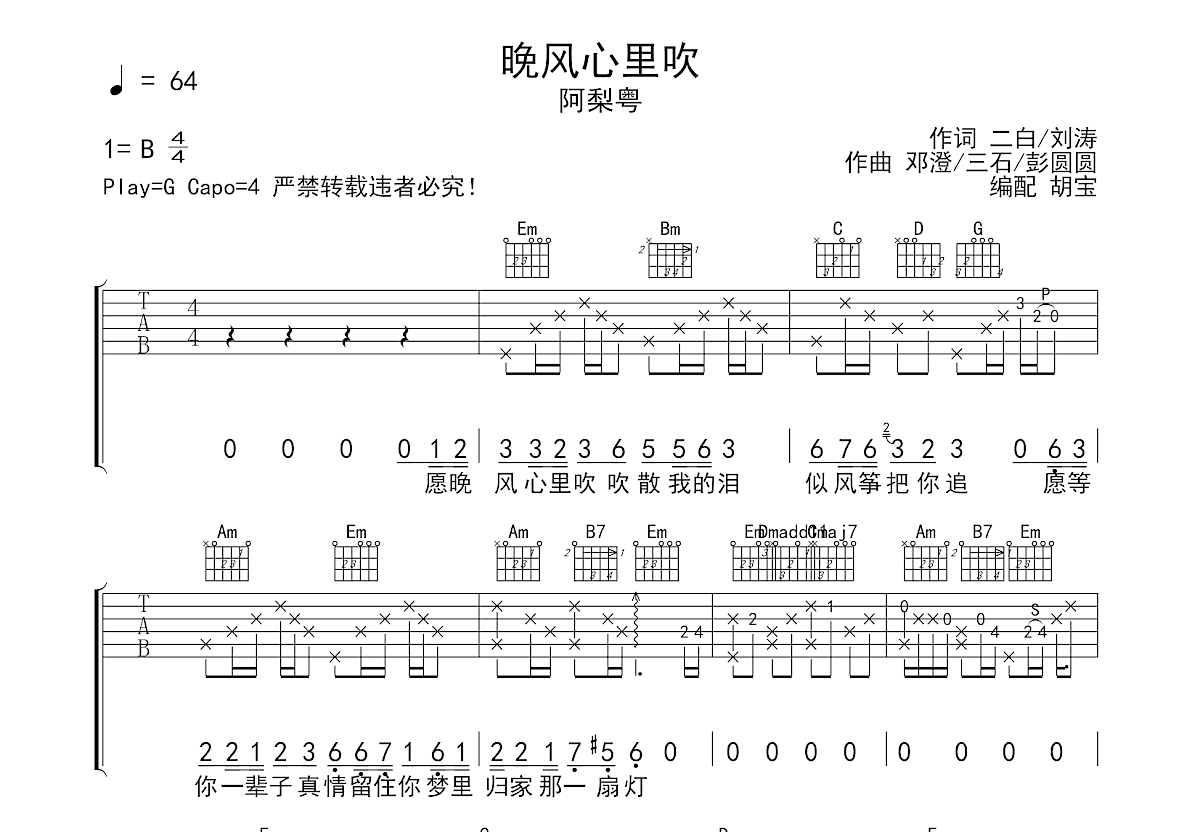 晚风心里吹吉他谱预览图