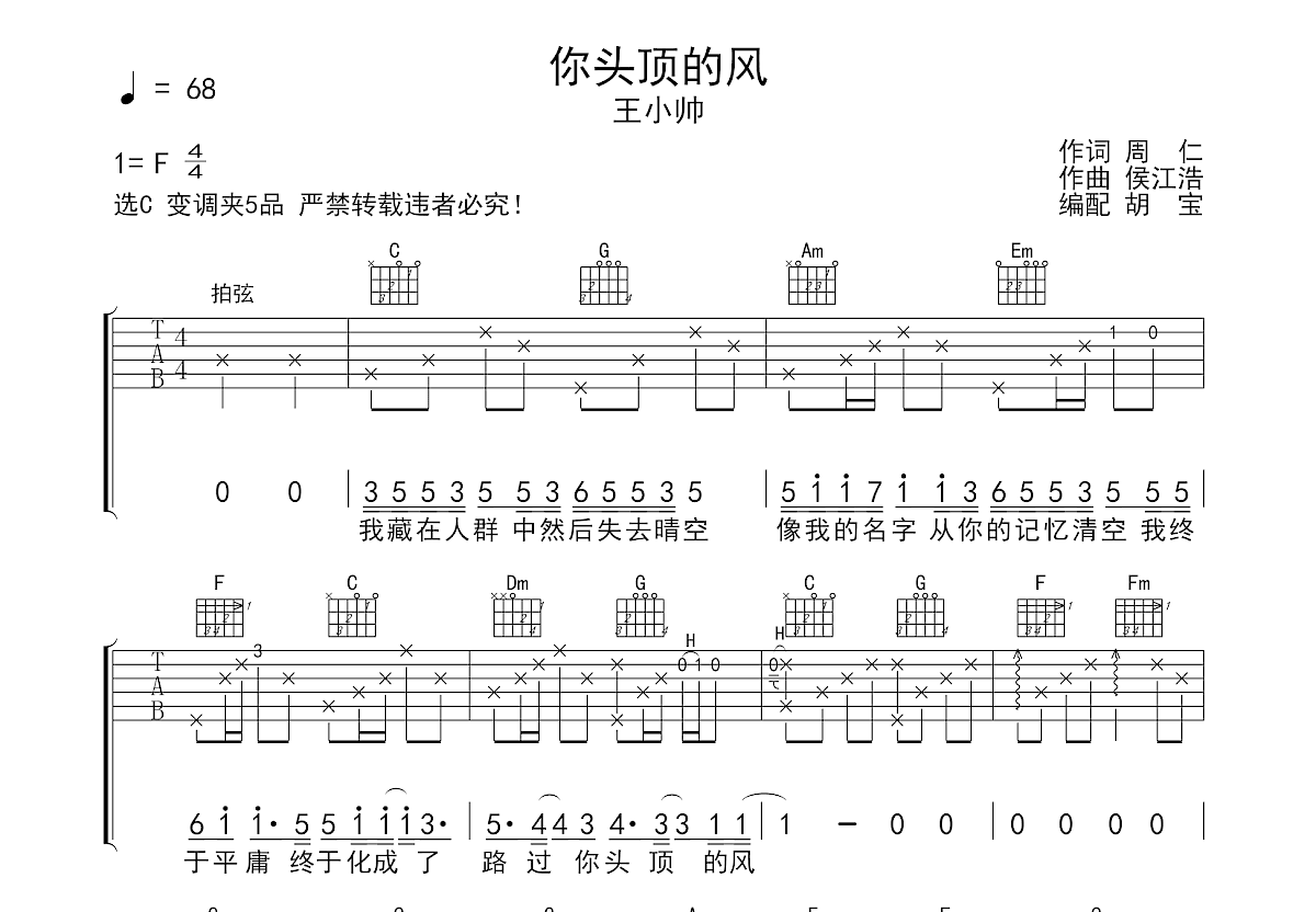 你头顶的风吉他谱预览图