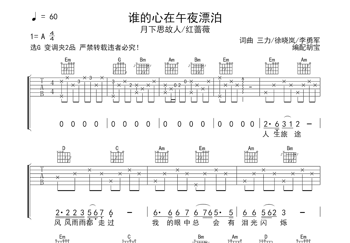 谁的心在午夜漂泊吉他谱预览图