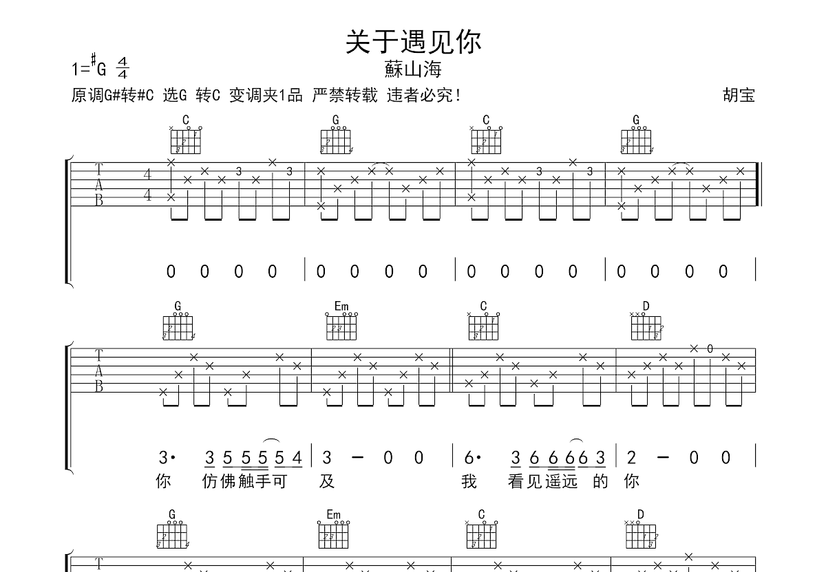 关于遇见你吉他谱预览图