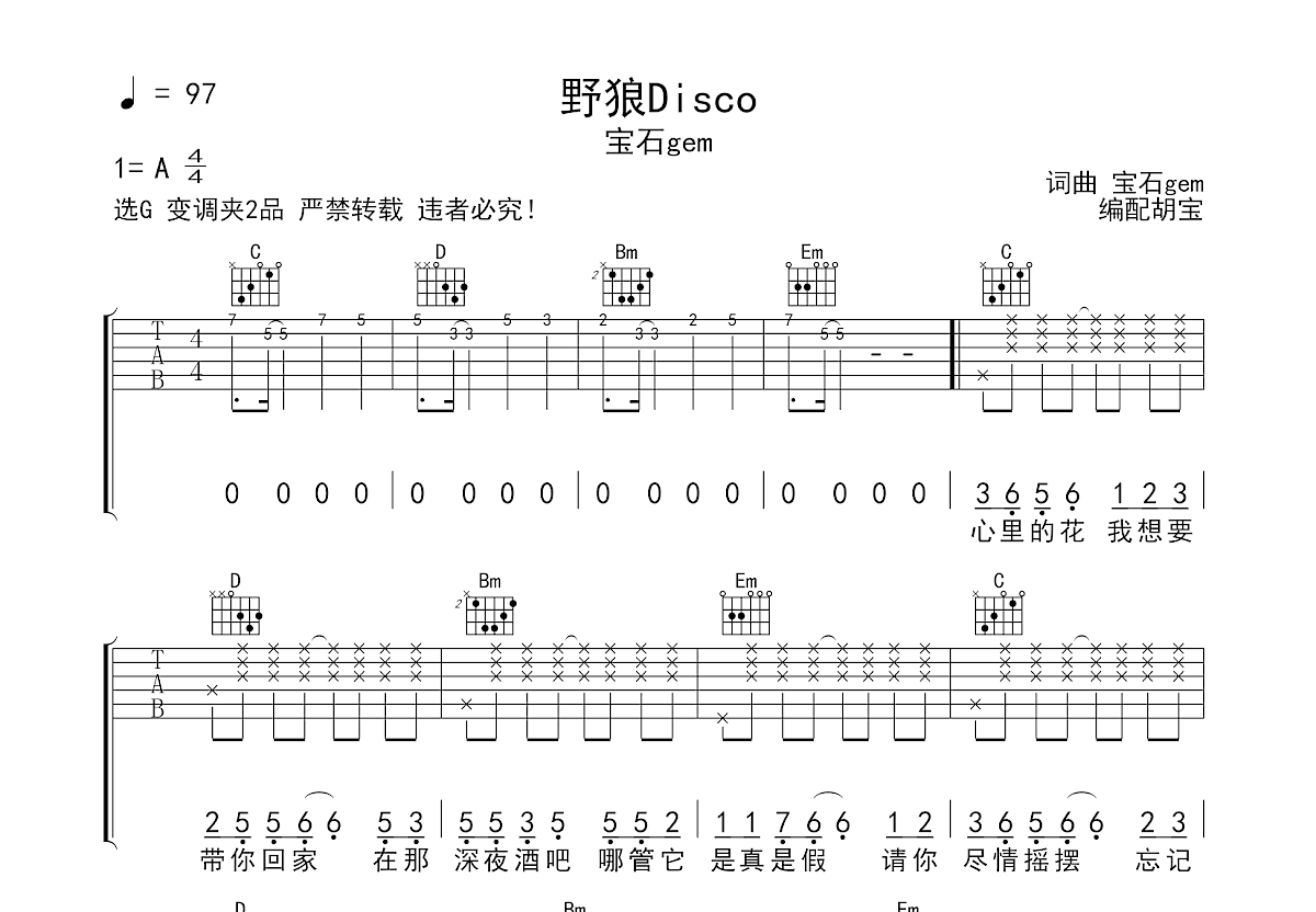 野狼Disco吉他谱预览图