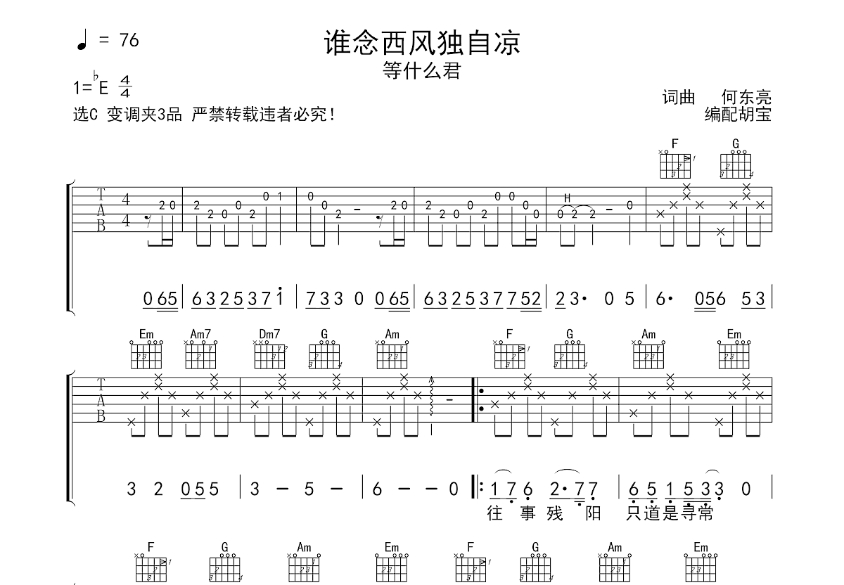 谁念西风独自凉吉他谱预览图