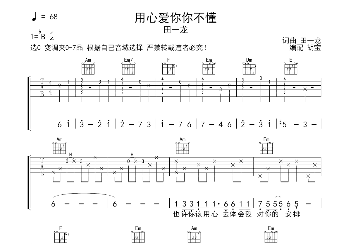 用心爱你你不懂吉他谱预览图